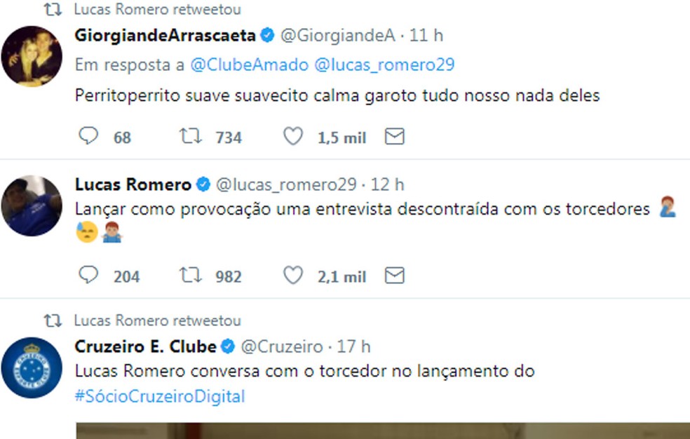 Tuitada de Lucas Romero teve comentário do companheiro Arrascaeta (Foto: Reprodução / Twitter)
