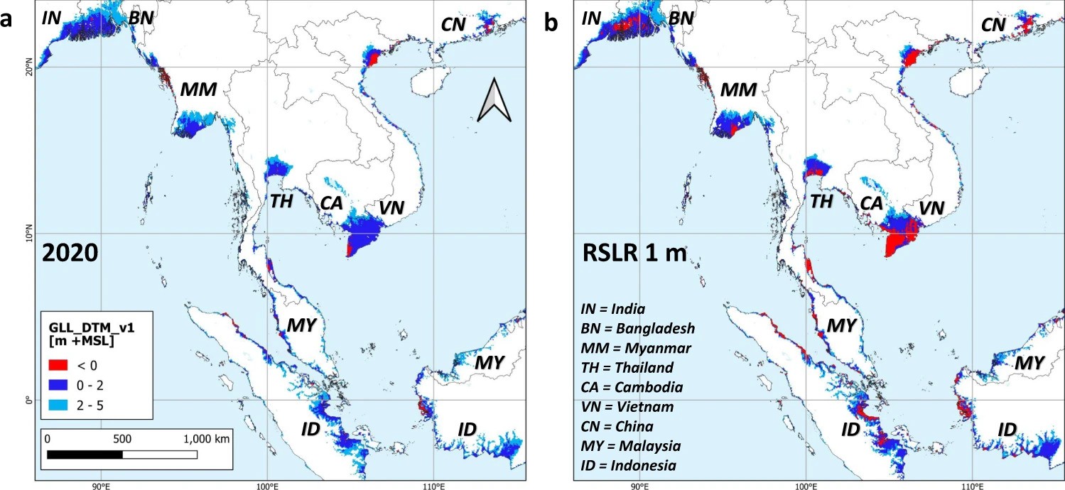 Mapa ilustra elevação de terras baixas na parte central da Ásia tropical. Na figura a, em 2020 e, na b, após 1 m de aumento relativo do nível do mar, conforme projeção realizada pelos pesquisadores (Foto: Nature Communications)