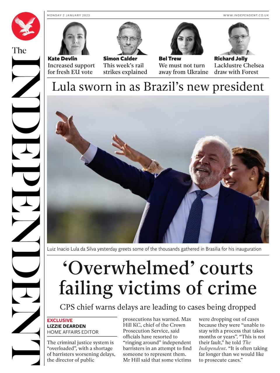 Jornal inglês 'The Independent' destaca a posse de Lula — Foto: Reprodução