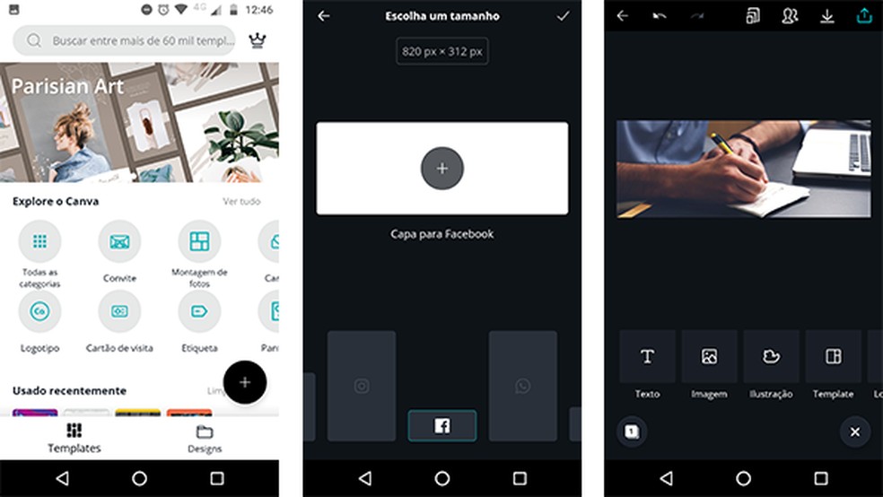 Os templates do Canva já estão nas dimensões corretas para cada rede social — Foto: Reprodução/Gabriel Santos