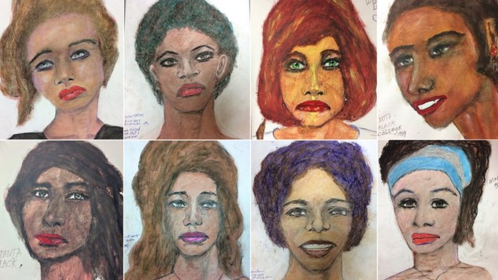 O FBI divulgou os desenhos de Samuel Little na esperança de que as vítimas pudessem ser identificadas — Foto: FBI via BBC