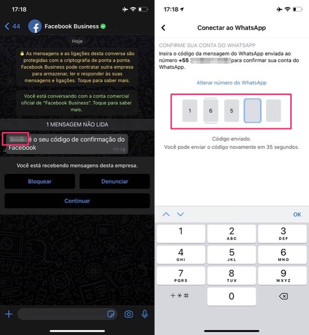 Ação para adicionar o código de segurança para vincular o WhatsApp em uma página do Facebook — Foto: Reprodução/Marvin Costa