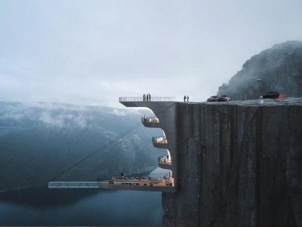 Projeto audacioso de hotel na Noruega conta com uma piscina suspensa na beira de uma rocha (Foto: reprodução)