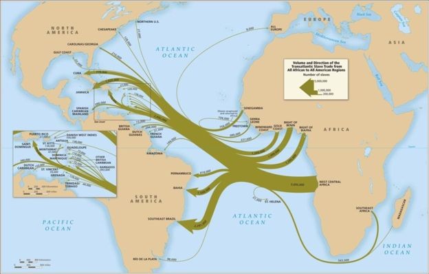BBC: Mapa mostra o volume de pessoas escravizadas transportados da África até as Américas: Brasil recebeu 4,8 milhões de africanos (Foto: SLAVE VOYAGES VIA BBC)