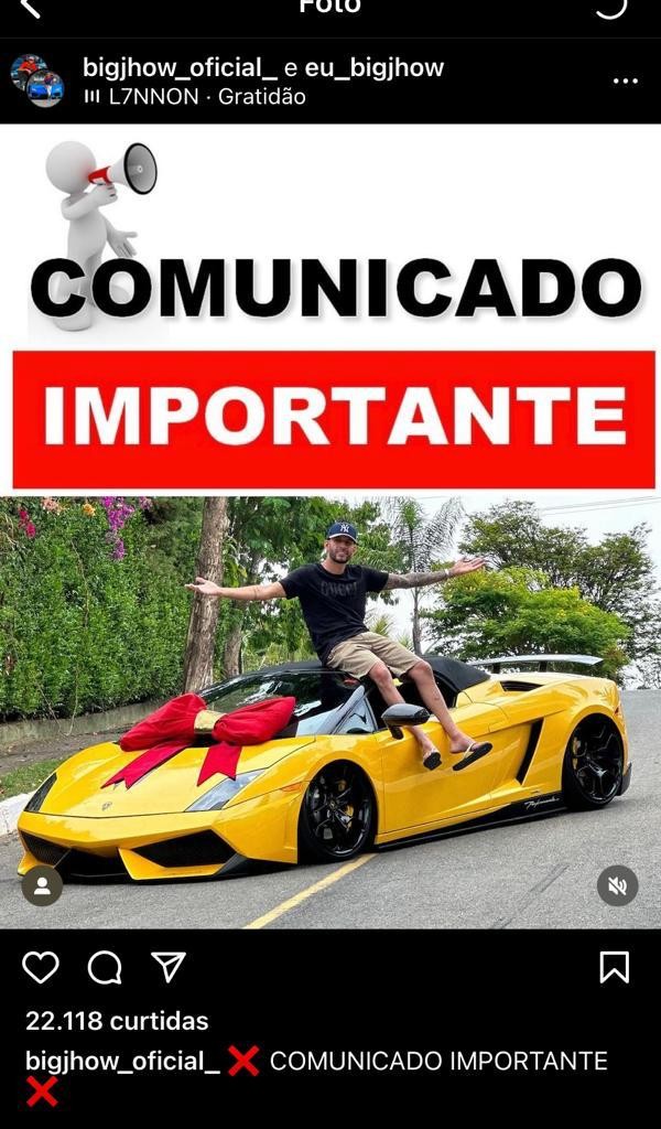 Influencer Big Jhow diz que não tem como pagar ganhador de carro que seria sorteado neste sábado: 'Foram bloqueadas minhas contas'