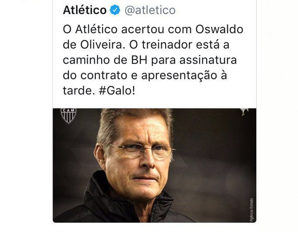 Reprodução do anúncio da contratação: publicação no Twitter do Atlético-MG (Foto: Reprodução / Twitter)