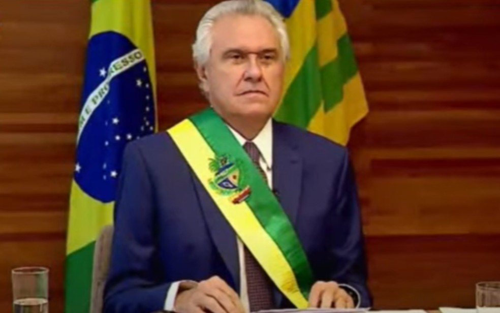 Governador Ronaldo Caiado durante posse a segundo mandato, em Goiás — Foto: Reprodução/Canal do Youtube da TV Alego