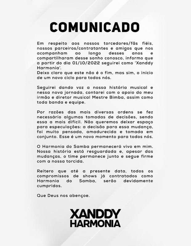 Xanddy deixa o Harmonia do Samba (Foto: Reprodução/Instagram)