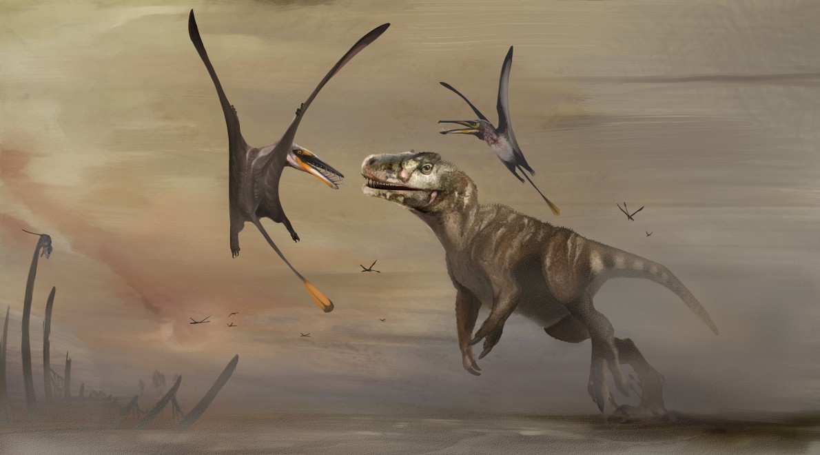 Representação do réptil voador Dearc sgiathanach que viveu há cerca de 170 milhões de anos, em comparação a outros dinossauros (Foto: Universidade de Edimburgo)
