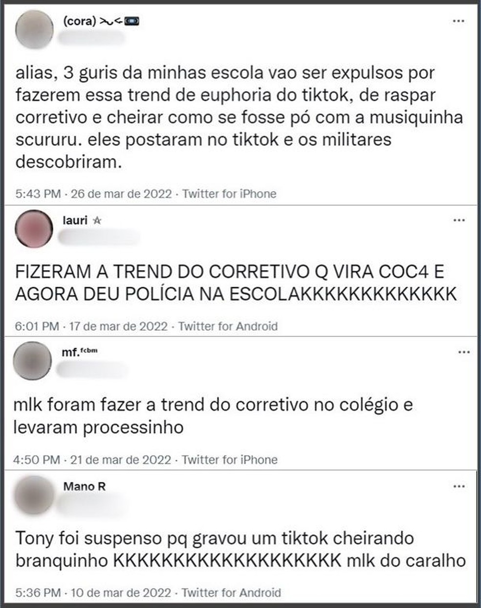 Alunos narram no Twitter situações envolvendo o corretivo em pó em várias escolas de São Paulo, Paraná e Santa Catarina. — Foto: Reprodução