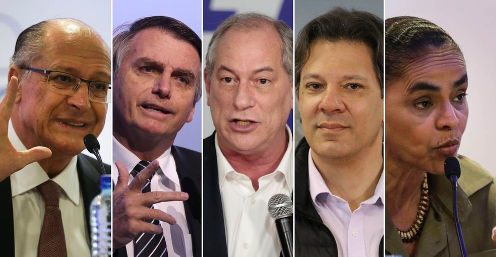 Os candidatos à Presidência Geraldo Alckmin, Jair Bolsonaro, Ciro Gomes, Fernando Haddad e Marina Silva — Foto: José Cruz/Agência Brasil; Fátima Meira/Estadão Conteúdo; Walterson Rosa/Estadão Conteúdo; Charles Sholl/Raw Image/Estadão Conteúdo