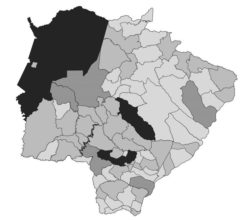 Mapa que mostra a distribuição de óbitos por Covid-19 em Mato Grosso do Sul — Foto: Governo de MS/Divulgação