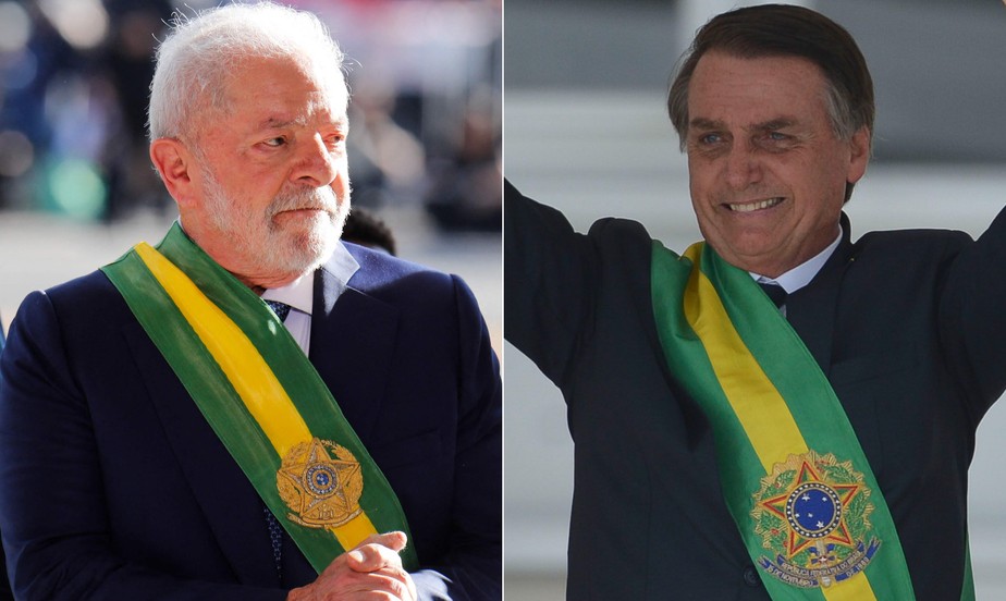 Lula, na pose este ano, e Bolsonaro em 1º de janeiro de 2019