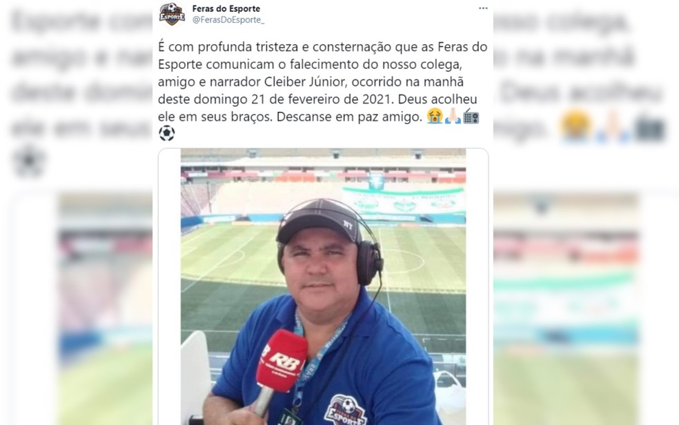 Radialista e narrador esportivo Cleiber Junior morre com Covid-19 em Goiânia — Foto: Reprodução/Twitter