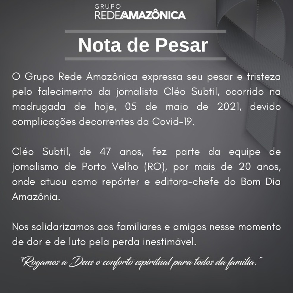 Rede Amazônica emita nota de pesar após morte da jornalista Cléo Subtil em Rondônia — Foto: Reprodução/Redes Sociais