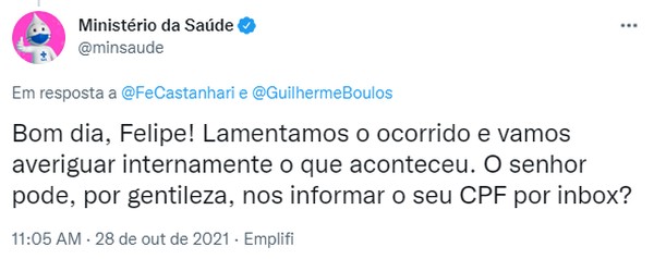 Ministério da Saúde respondeu ao tuíte de Felipe Castanhari sobre a troca de dados — Foto: Reprodução/Redes Sociais