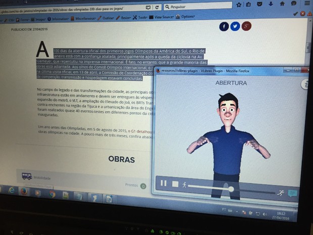 VLibras &#39;traduzindo&#39; trecho de página na internet (Foto: Gabriel Luiz/G1)