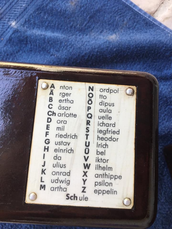 Parte superior de um comunicador da Segunda Guerra Mundial com o alfabeto fonético alemão (Foto: Reprodução)