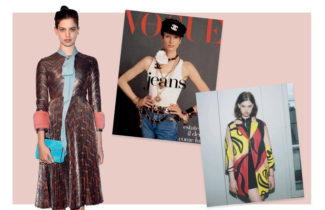 À esquerda, Lily vestindo Gucci, e, à direita, na campanha da Iceberg, em 2015. No centro, Kristen em capa da Vogue italiana de 1992 (Foto: Gettyimages, Reprodução Instagram e Divulgação)