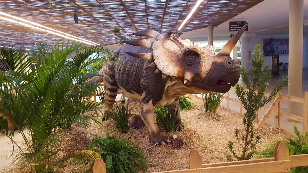 Dinossauros estão expostos pelo centro de compras em seus 