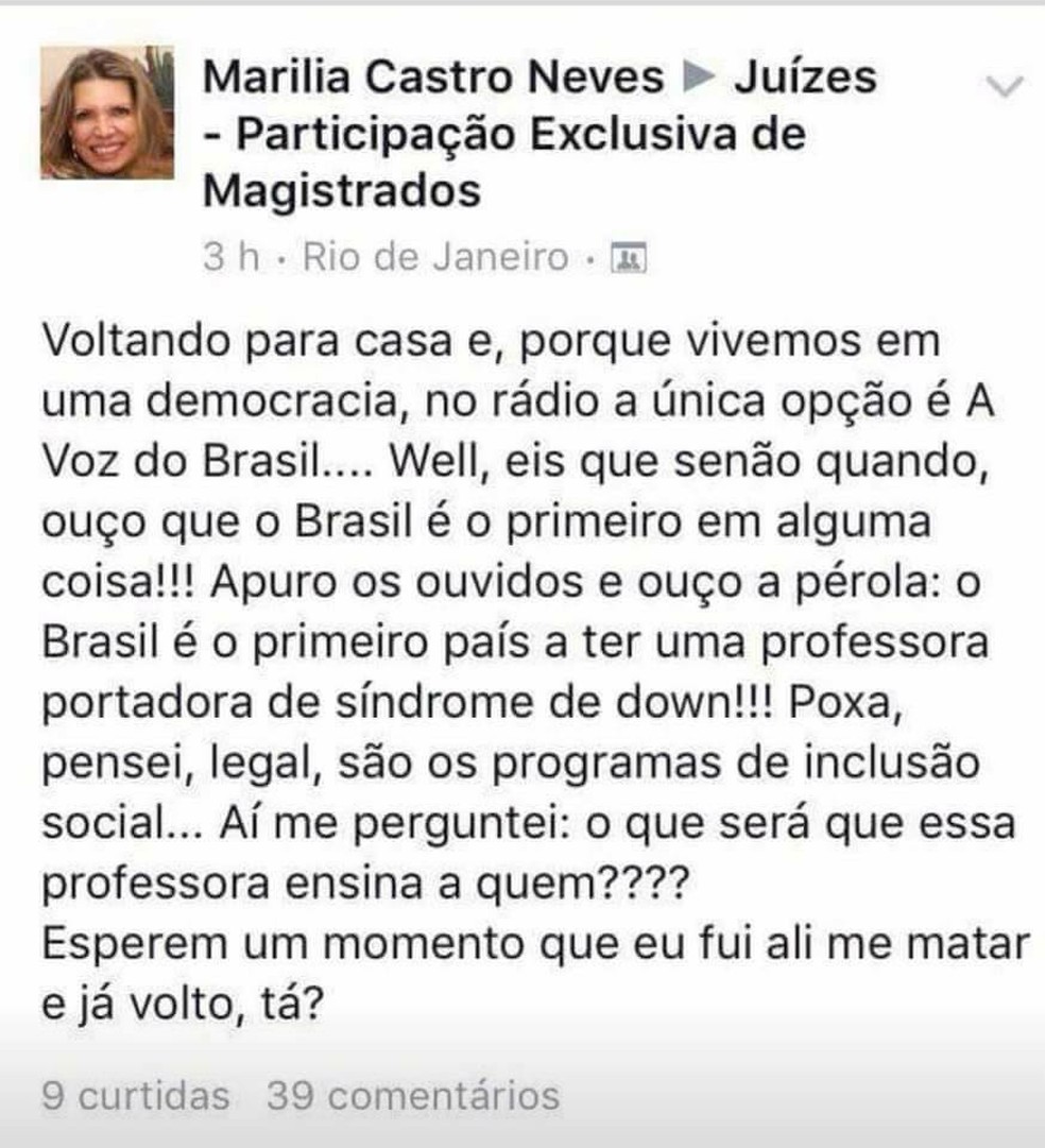Desembargadora Marilia Castro Neves postou comentários sobre professora com síndrome de Down (Foto: Reprodução/Facebook)