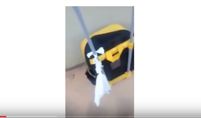 Vídeo mostra fezes em sacola, amarradas na mochila da criança (Foto: Reprodução Youtube)