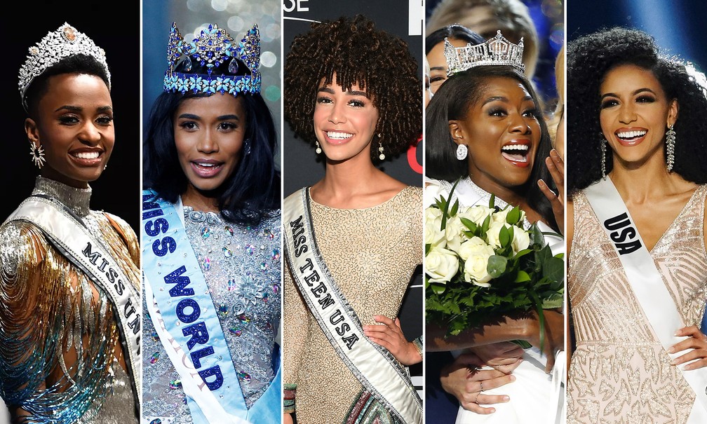 Da esquerda para a direita: a Miss Universo, Zozibini Tunzi, a Miss Mundo, Toni-Ann Singh, a Miss Teen USA, Kaliegh Garris, a Miss América, Nia Franklin, e a Miss USA, Cheslie Kryst. Beleza negra dominou concursos em 2019 — Foto: Paras Griffin /Getty Images via AFP; Henry Nicholls/Reuters; Noah K. Murray/AP; Elijah Nouvelage/Reuters
