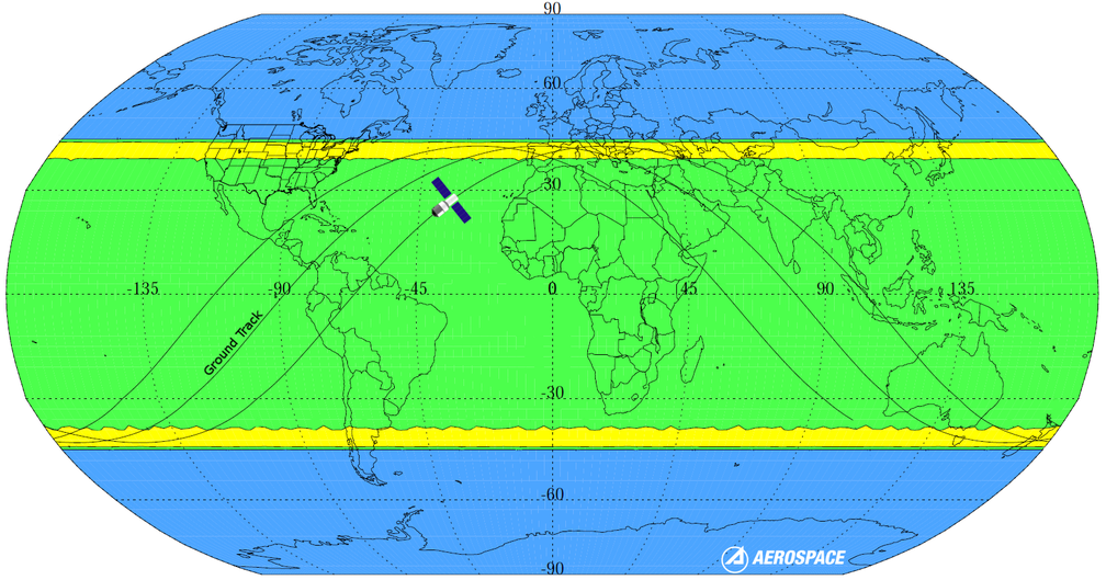 Regiões em amarelo têm maior probabilidade de queda da nave; Áreas em verde têm menor probabilidade; Áreas em azul não tem chance (Foto: Aerospace)