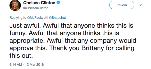 A filha de Bill Clinton, Chelsea Clinton, criticou o anúncio com referência à agressão de Chris Brown contra Rihanna (Foto: Twitter)