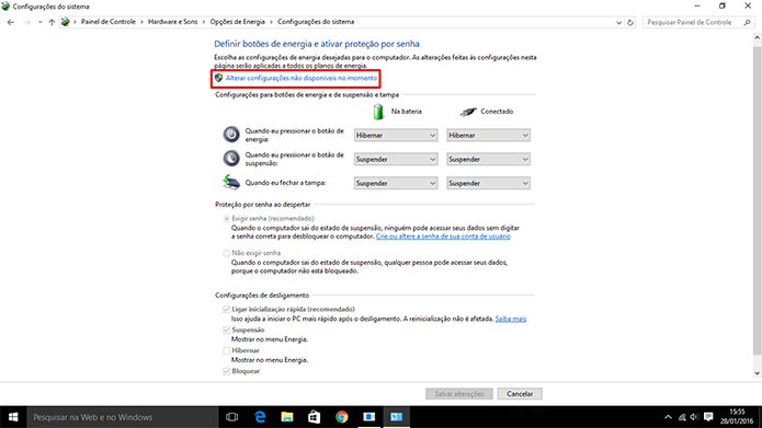 Windows 10 precisa que usuário libere opções ocultas para adicionar Hibernar no Iniciar (Foto: Reprodução/Elson de Souza)