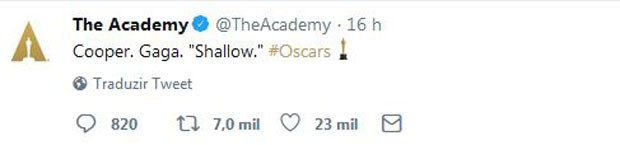 Tuíute anuncia dueto de Lady Gaga e Bradley Cooper no Oscar (Foto: Reprodução/Twitter)