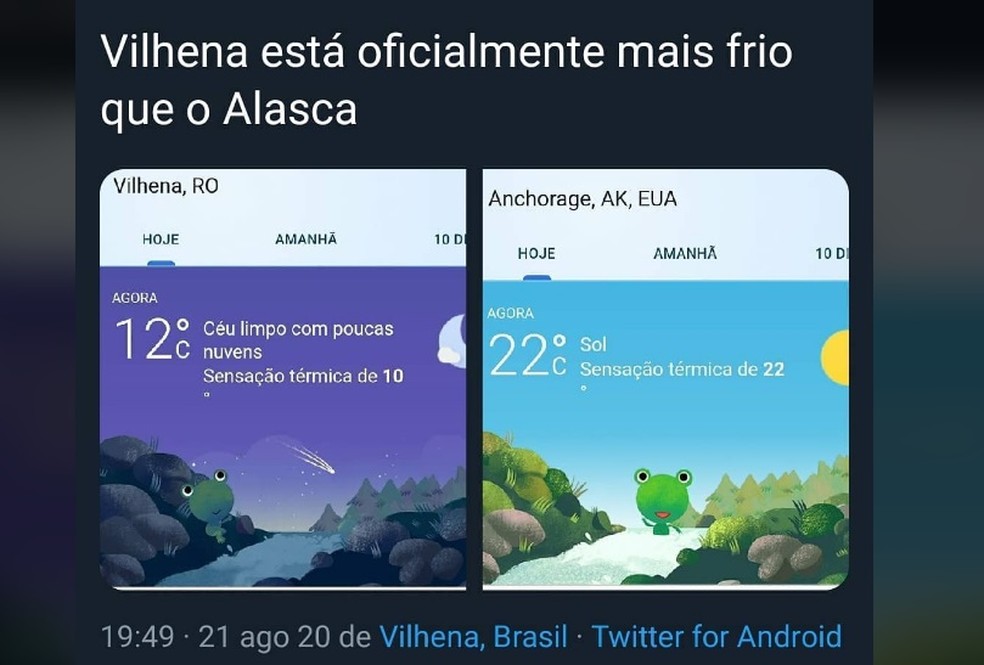 Comparação frio Vilhena x Alaska — Foto: Reprodução/ Rondoniense/Facebook