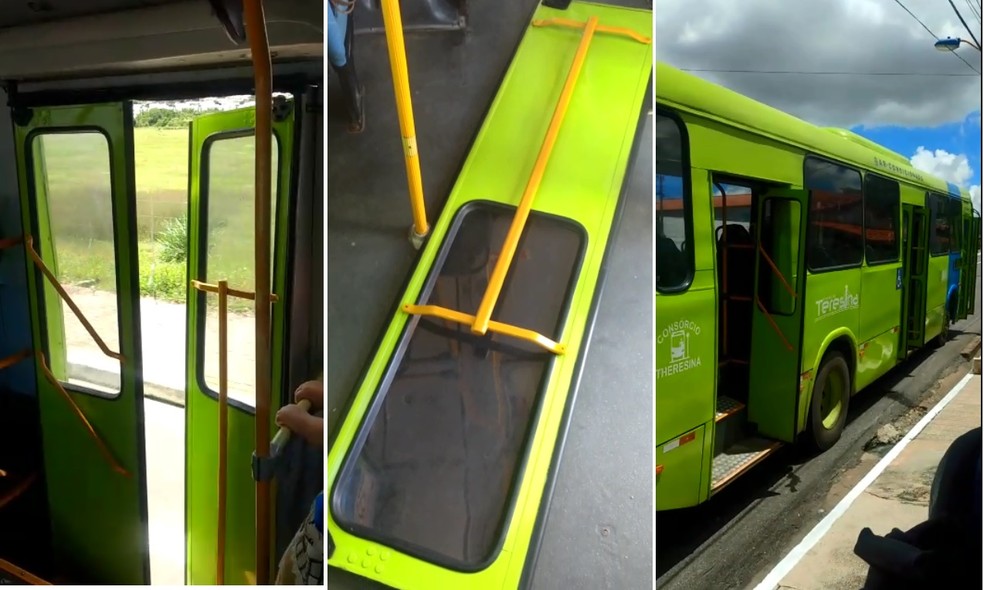 Passageiro flagra porta de ônibus caindo durante viagem em Teresina — Foto: Reprodução