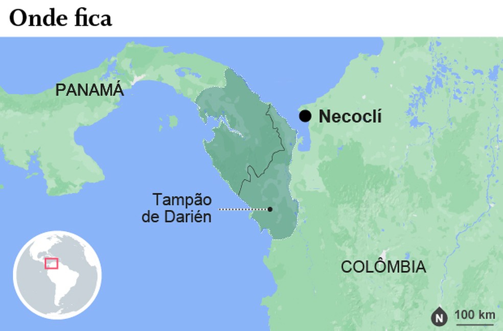 Tampão de Darién fica entre o Panamá e a Colômbia, rota de muitos imigrantes que tentam chegar à América do Norte — Foto: Arte O Globo