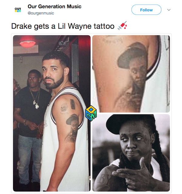 Um site de música comparou a tatuagem de Drake com a foto de Lil Wayne na qual foi inspirada (Foto: Twitter)