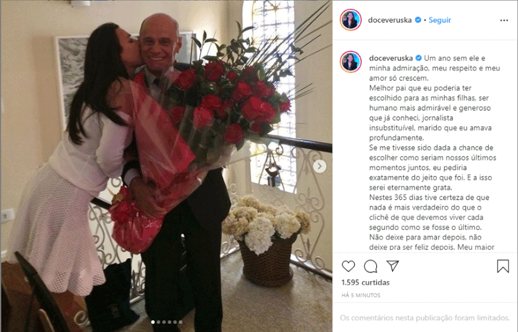 Jornalista Veruska Boechat posta texto em homenagem ao marido, o também jornalista Ricardo Boechat, morto há um ano em acidente aéreo em São Paulo — Foto: Reprodução/Instagram