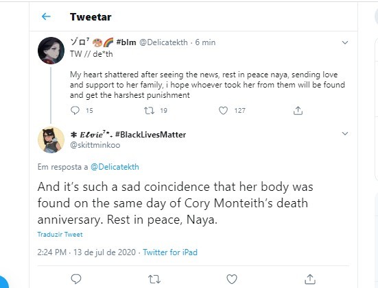 Fãs comentam morte confirmada de Naya Rivera no mesmo dia em que Cory Monteith completa 7 anos de sua morte (Foto: Reprodução/Twitter)