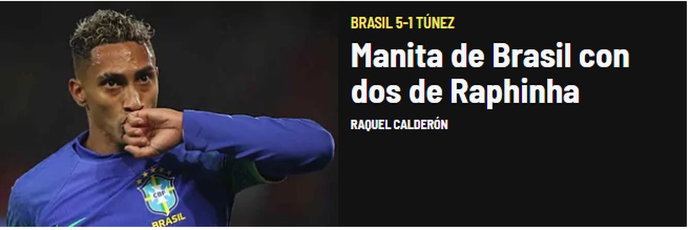 Jornal "Marca" destaca atuação de Raphinha na goleada do Brasil — Foto: Reprodução