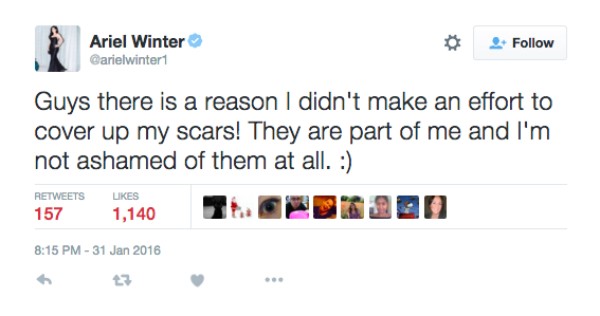 O tuíte no qual Ariel Winter agradece o apoio dos fãs (Foto: Twitter)
