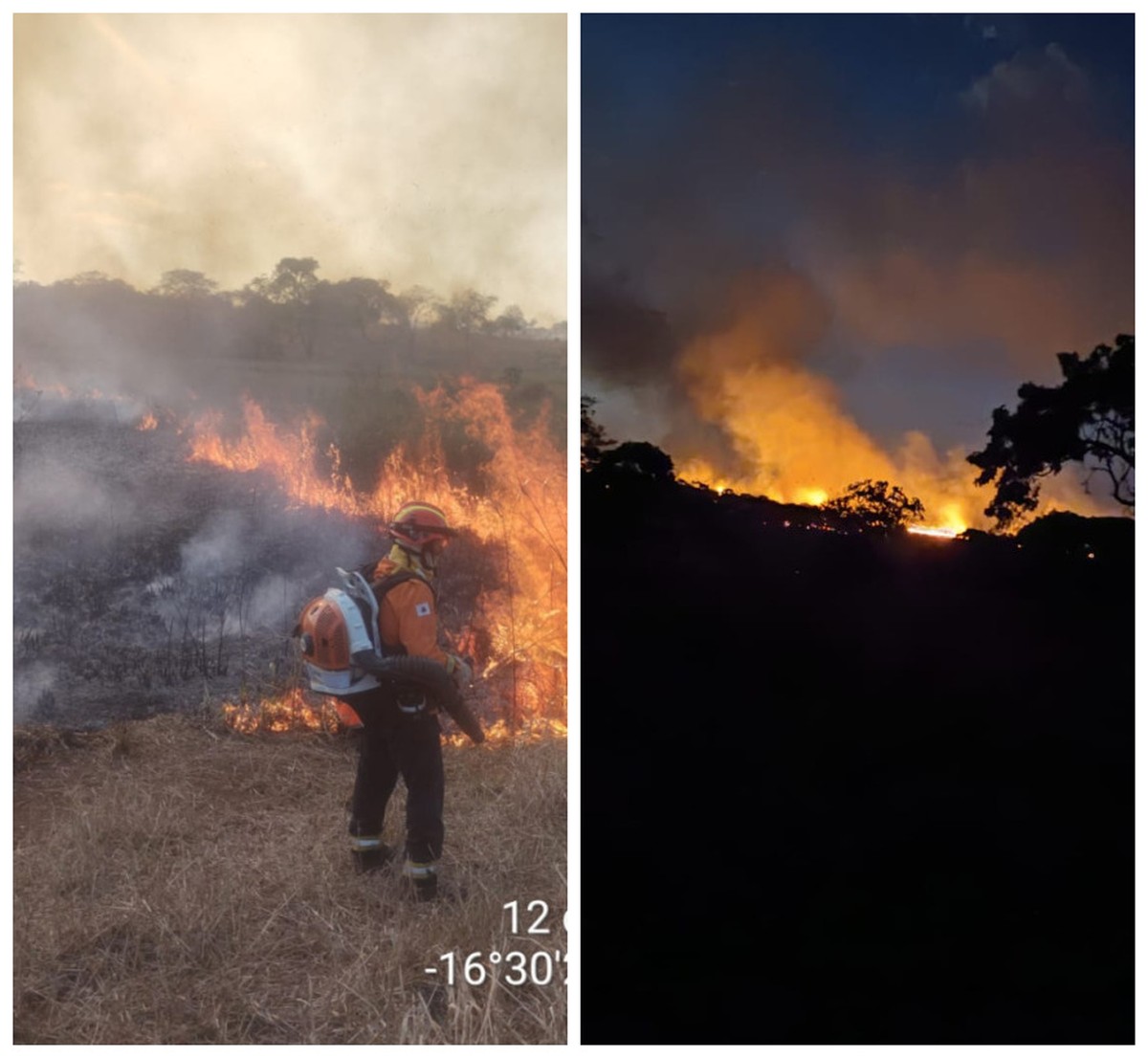 Bombeiros e brigadistas combatem incêndio em vegetação, em Montes Claros