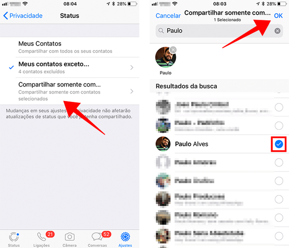Selecione um ou mais contatos que poderão ver seu Status (Foto: Reprodução/Paulo Alves)