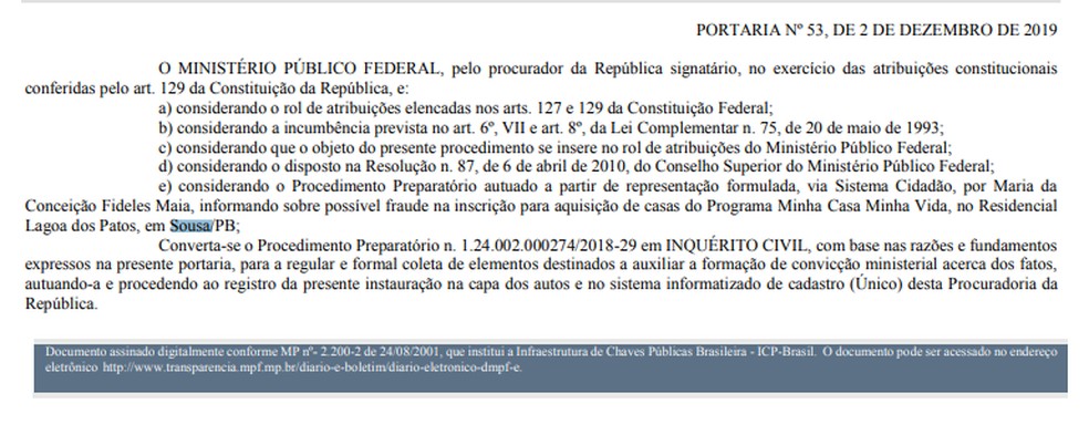 MPF abre inquérito civil para investigar possível fraude em aquisição de casas, no Sertão da PB — Foto: MPF/Reprodução