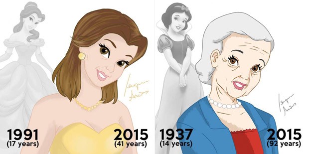 As princesas Bela, aos 41 anos, e Branca de Neve, aos 92, recriadas pelos estudante Isaque Areas (Foto: Reprodução / Life Art Times)