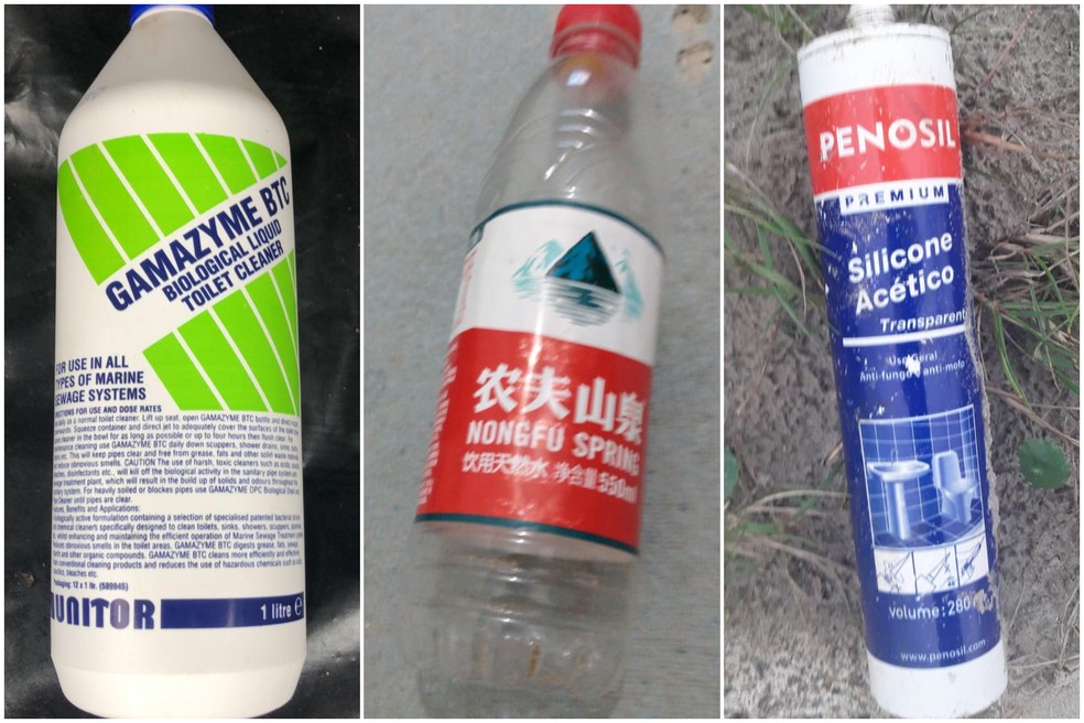Resíduos de lixo internacional foram encontrados em praia paradisíaca de Peruíbe, SP — Foto: Divulgação/Ecomov