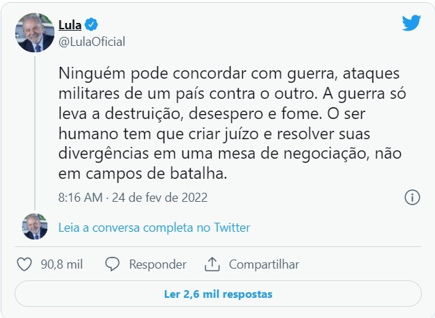 Tuíte do ex-presidente Luiz Inácio Lula da Silva (Foto: Reprodução/Twitter)