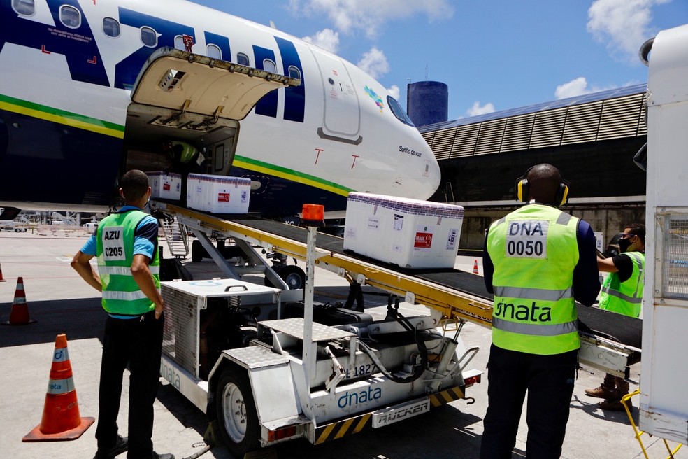 Nova remessa de vacina contra Covid-19 chegou ao Aeroporto Internacional do Recife neste sábado (20) — Foto: Heudes Regis/SEI/Divulgação