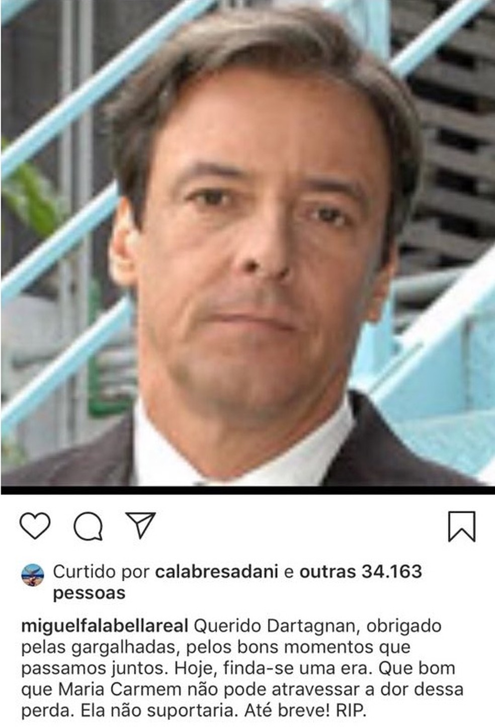 Miguel Falabella, em sua conta no Instagram, lamenta a morte do ator — Foto: Reprodução
