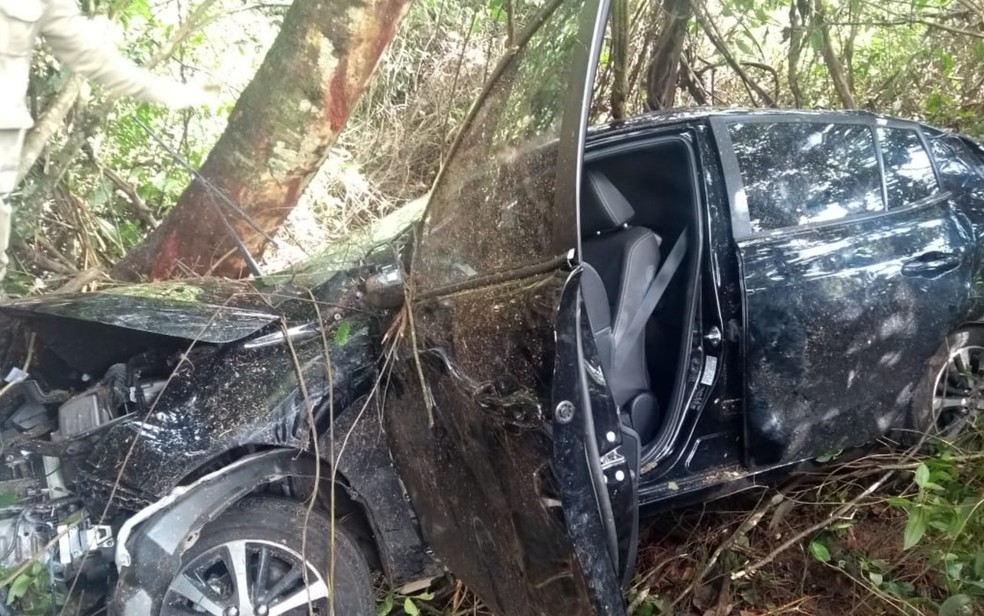 Carro saiu da pista e colidiu contra uma árvore, entre Vianópolis e Luziânia, em Goiás — Foto: Divulgação/Bombeiros-GO