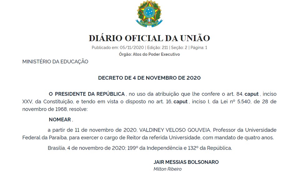 Valdiney Veloso é nomeado reitor da Universidade Federal da Paraíba — Foto: Reprodução/Diário Oficial da União