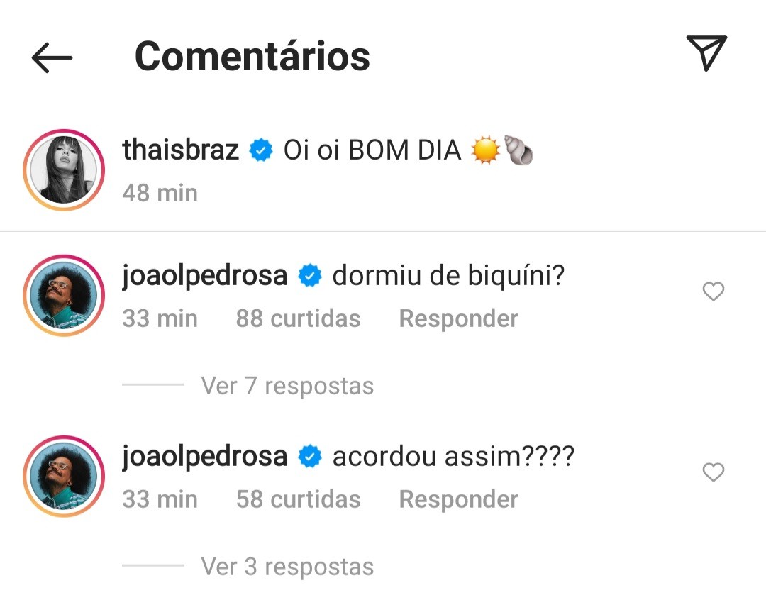 João Pedrosa comenta foto de Thais Braz  (Foto: Reprodução / Instagram )